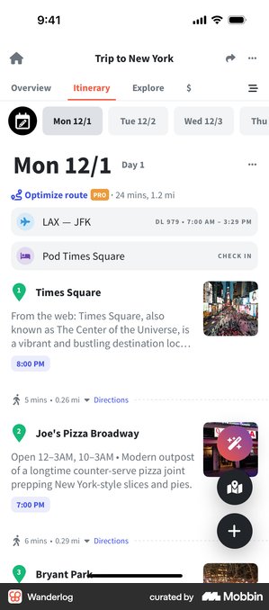Wanderlog screen on Mobbin: an editable day-by-day timeline